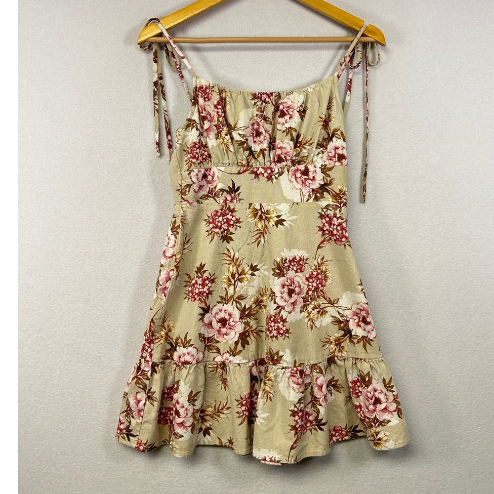 Speechless Floral‎ Print Mini Dress Tan Pink White Ruffle Hem